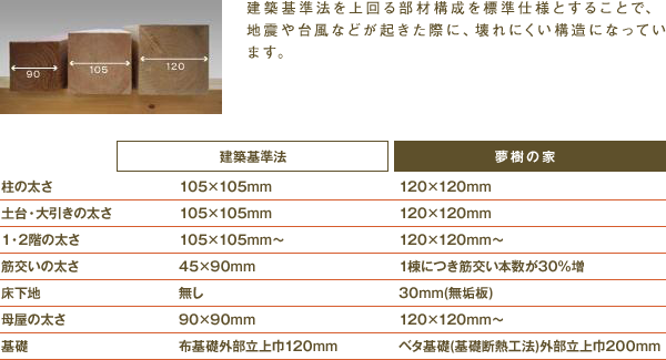 建築基準法を上回る部材構成を標準仕様とすることで、地震や台風などが起きた際に、壊れにくい構造になっています。