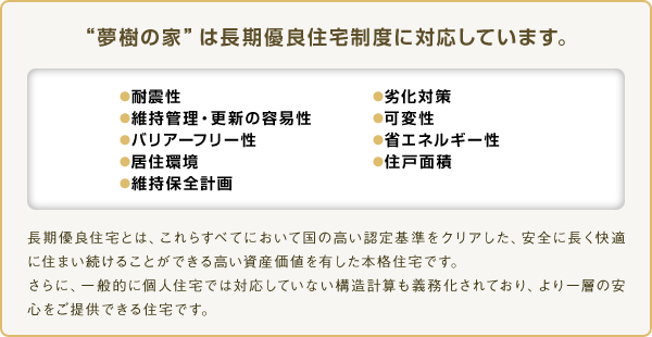 “夢樹の家”は長期優良住宅制度に対応しています。　長期優良住宅とは、これらすべてにおいて国の高い認定基準をクリアした、安全に長く快適に住まい続けることができる高い資産価値を有した本格住宅です。さらに、一般的に個人住宅では対応していない構造計算も義務化されており、より一層の安心をご提供できる住宅です。